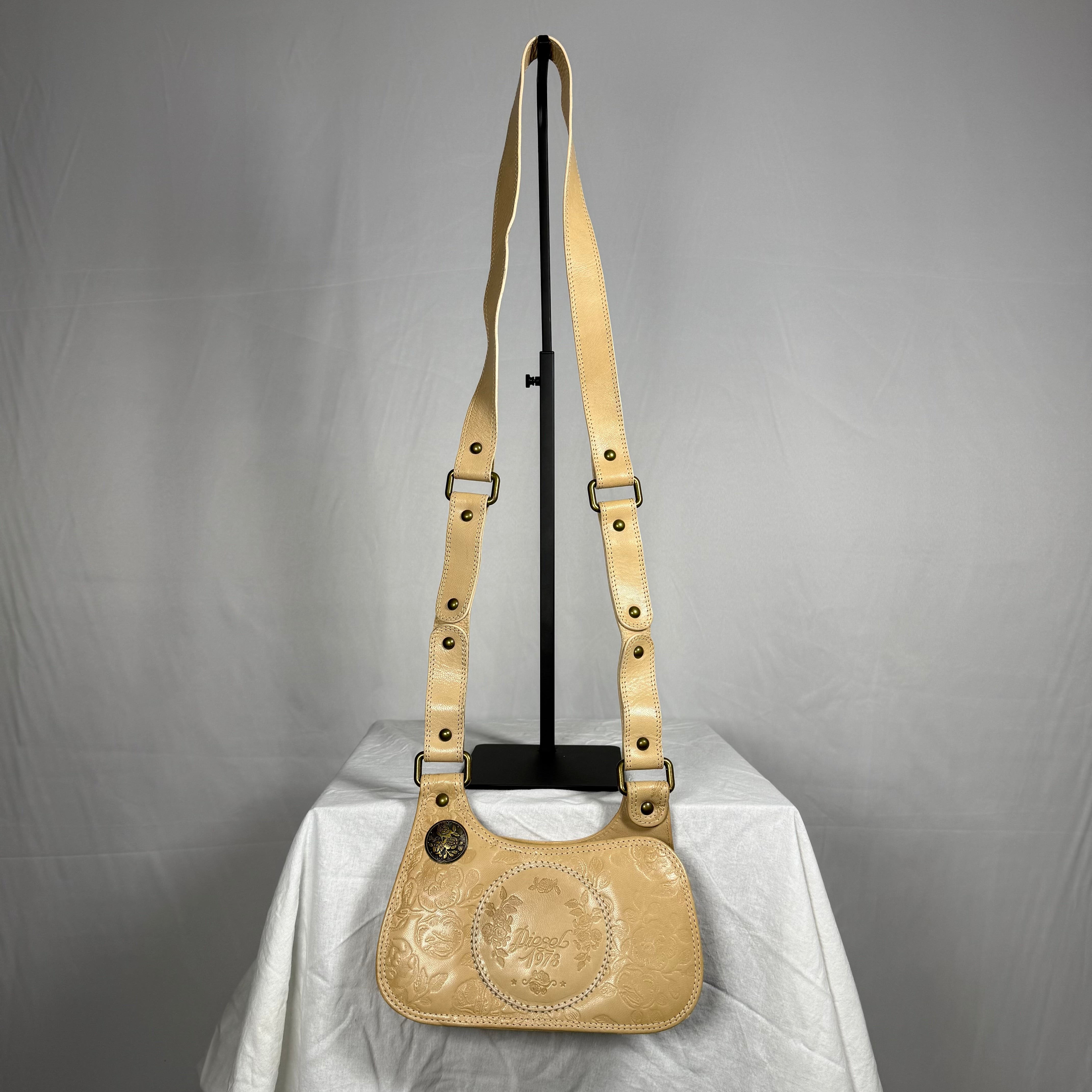 Y2K Vintage Diesel Embossed Leather Crossbody Bag – Floral Motif