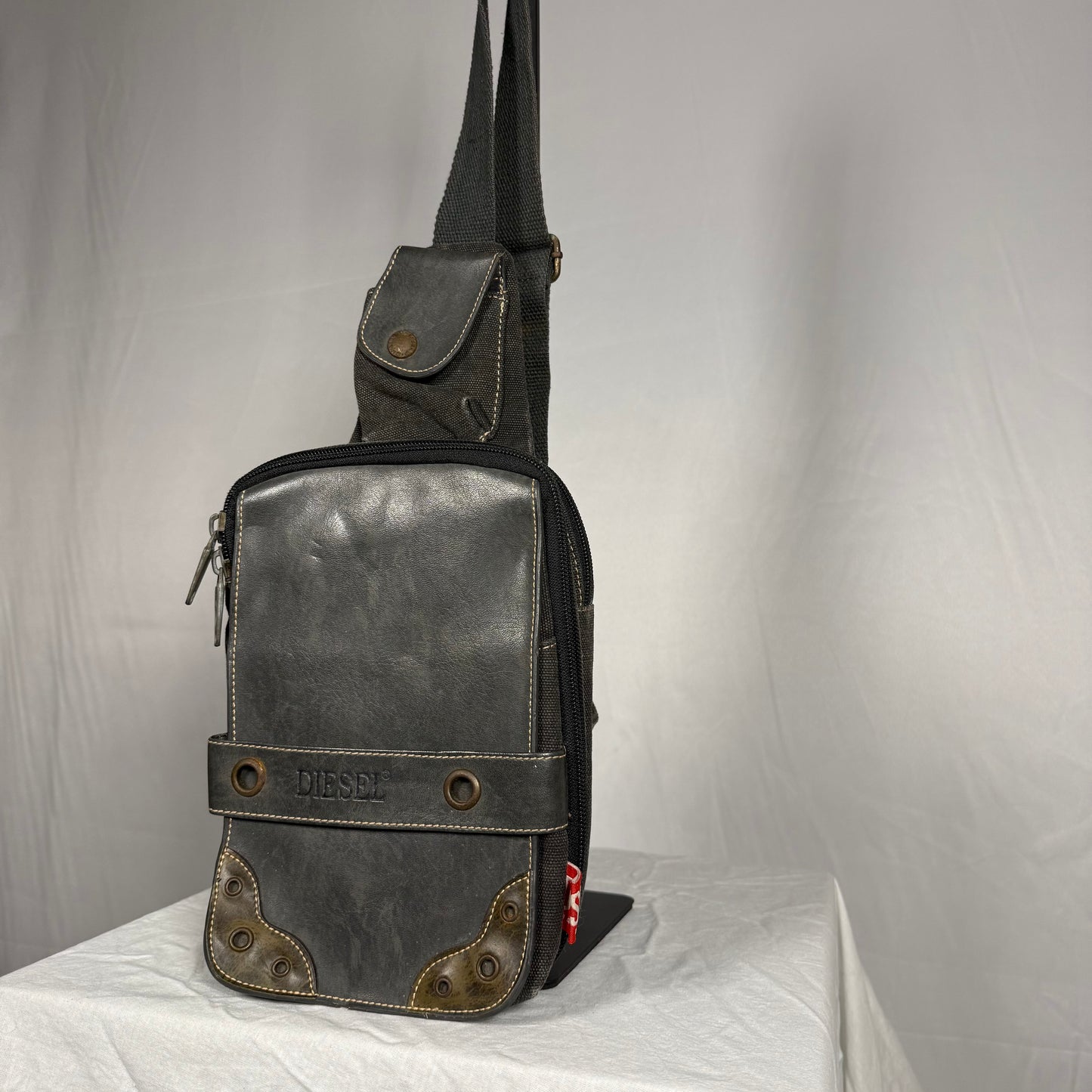 Vintage Diesel Y2K sling bag canvas leather utility crossbody multi pocket
