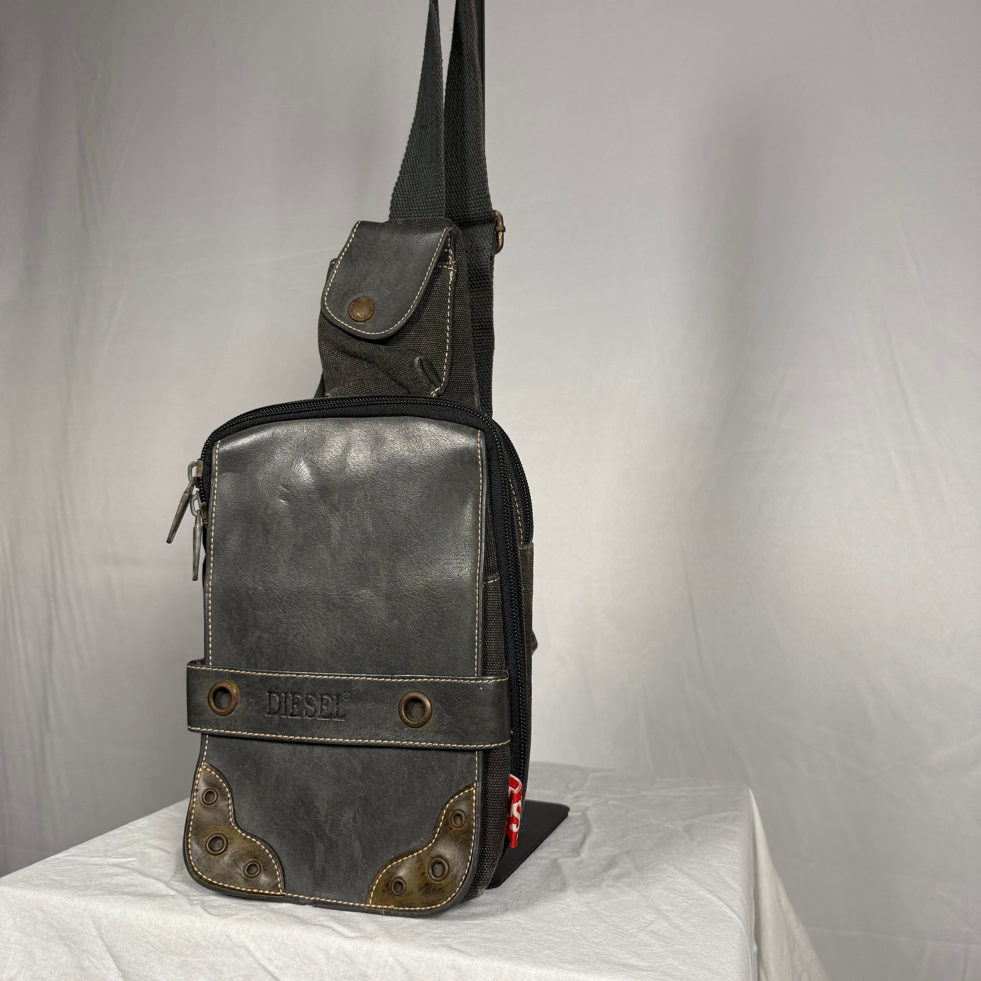 Vintage Diesel Y2K sling bag canvas leather utility crossbody multi pocket