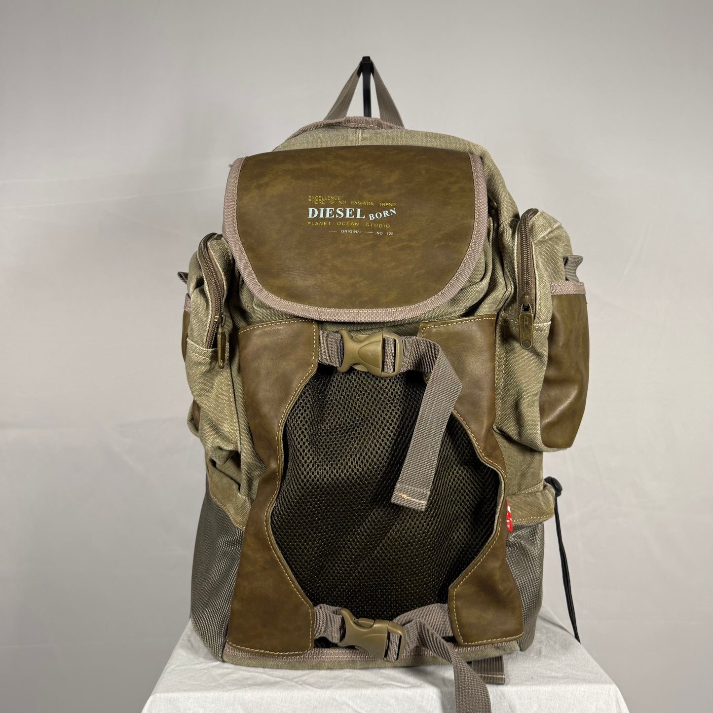 Y2K Vintage Diesel Utility Cargo Backpack – Canvas & Leather Multi Pocket Bag