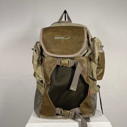 Y2K Vintage Diesel Utility Cargo Backpack – Canvas & Leather Multi Pocket Bag