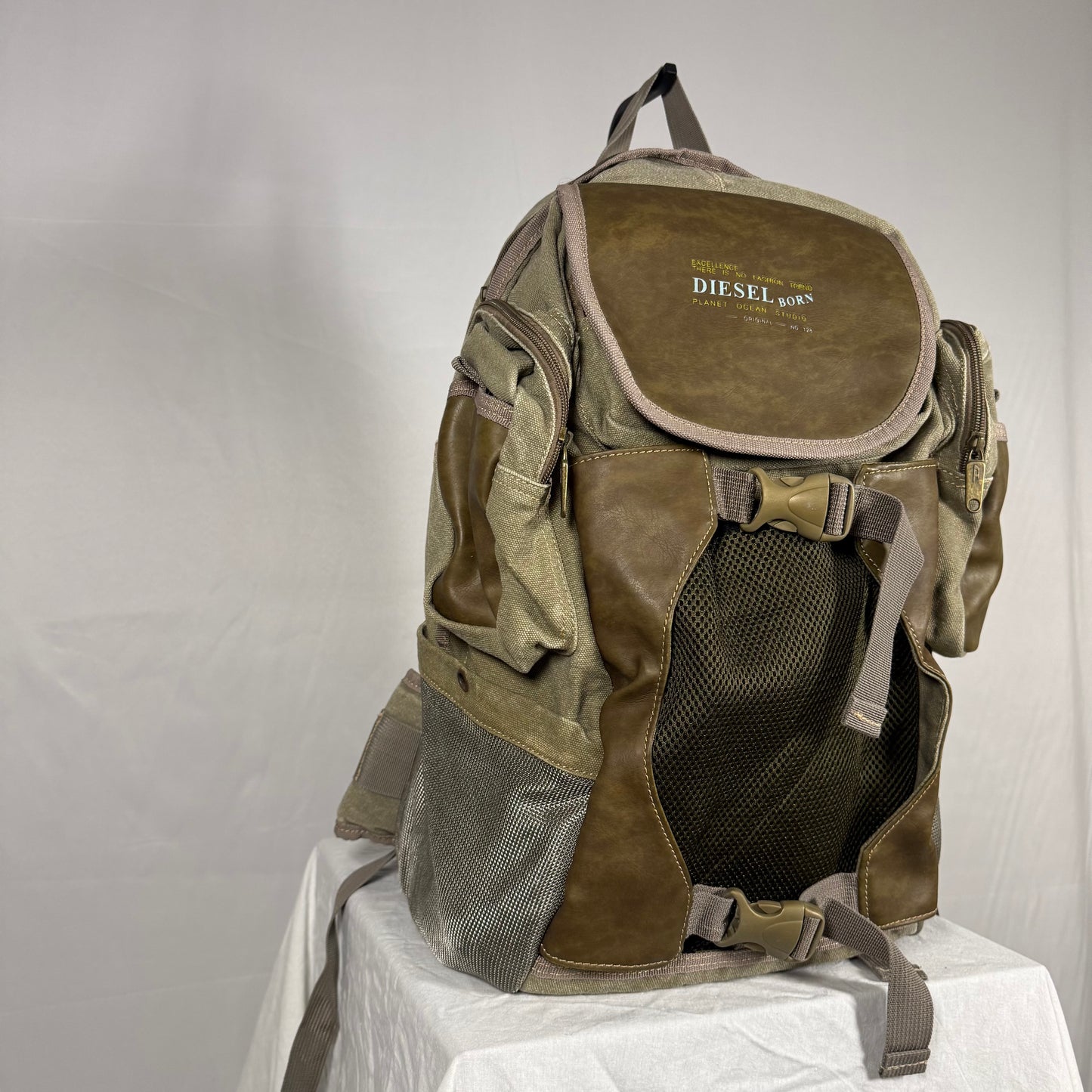 Y2K Vintage Diesel Utility Cargo Backpack – Canvas & Leather Multi Pocket Bag