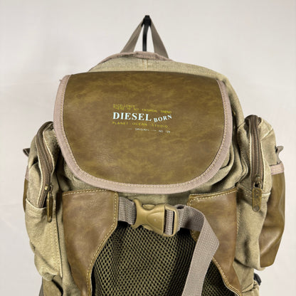 Y2K Vintage Diesel Utility Cargo Backpack – Canvas & Leather Multi Pocket Bag