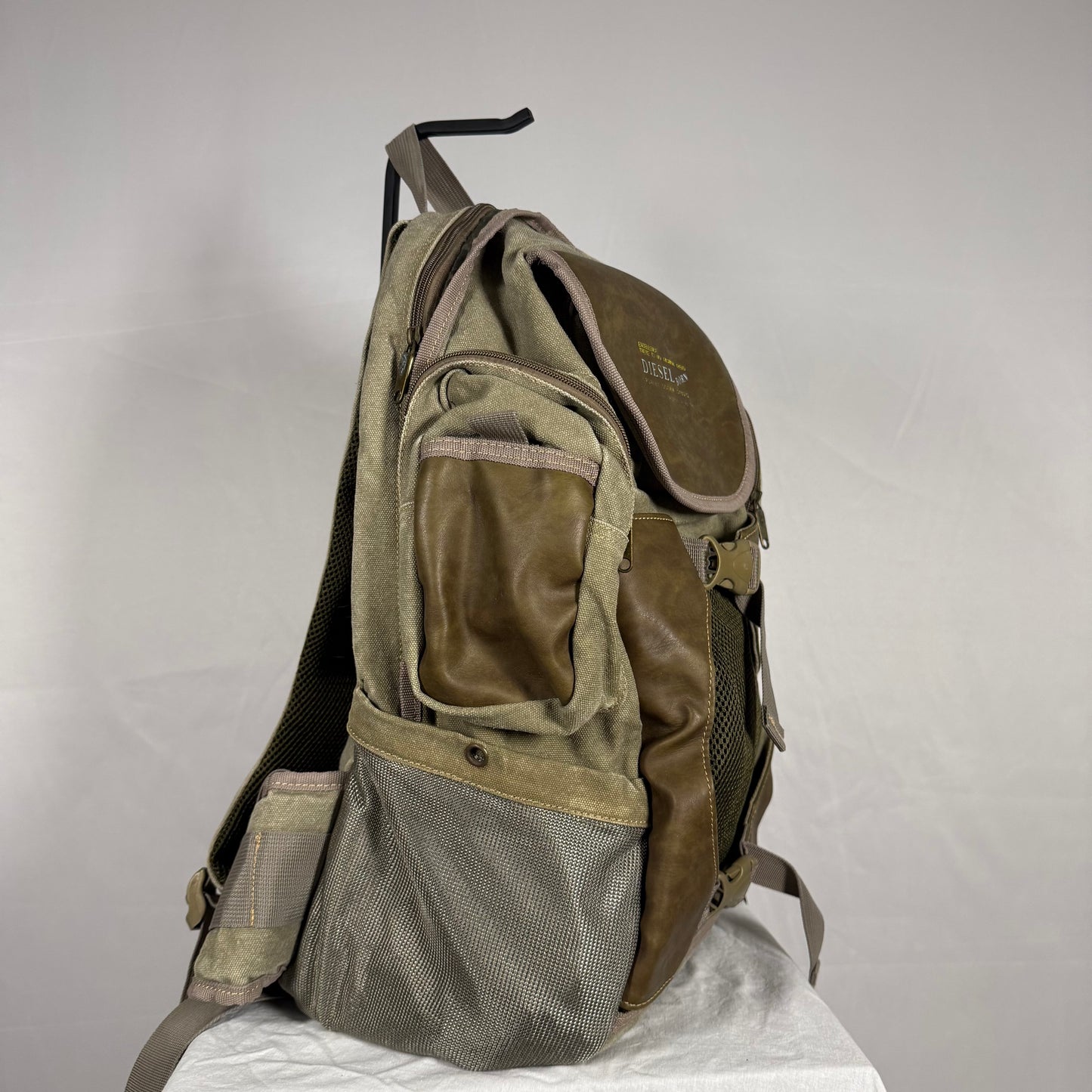 Y2K Vintage Diesel Utility Cargo Backpack – Canvas & Leather Multi Pocket Bag