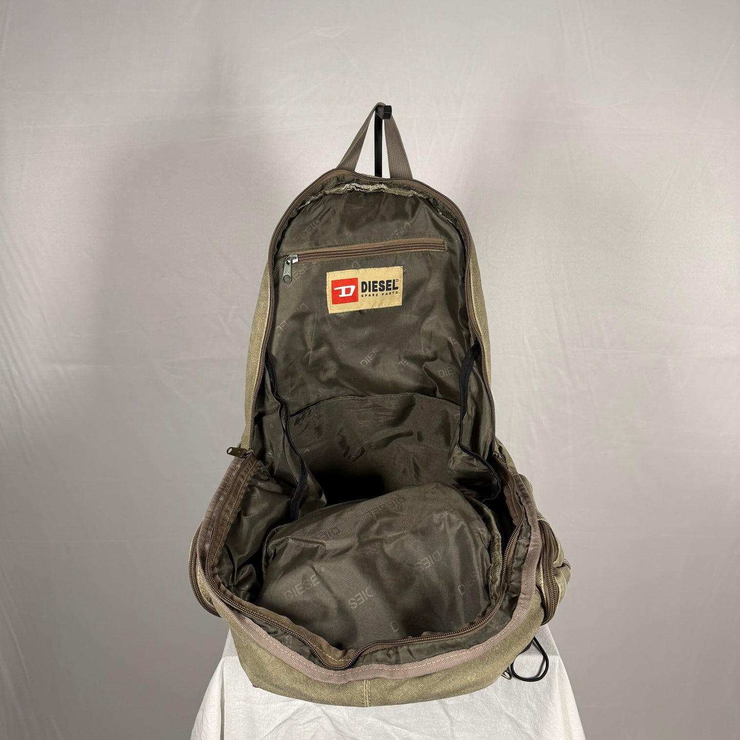 Y2K Vintage Diesel Utility Cargo Backpack – Canvas & Leather Multi Pocket Bag