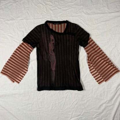 Y2K Vintage Cop Copine Mesh Cape Sleeve Top – Layered Sheer Abstract Print