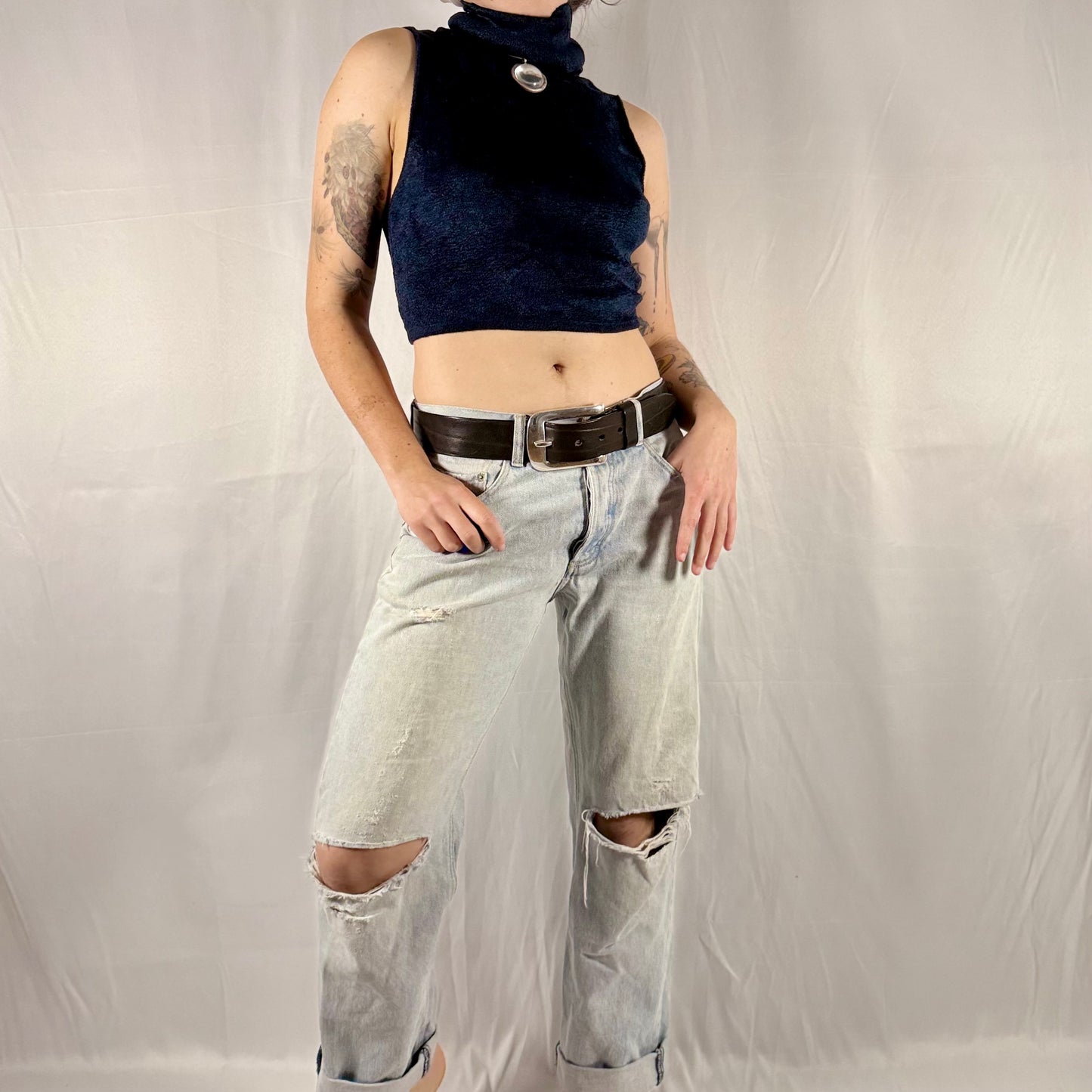 Vintage Y2K Sarah Pacini midnight blue sleeveless fuzzy knit crop top with fold-over turtleneck and minimalist silhouette.