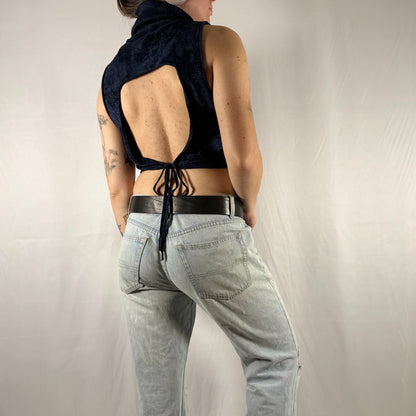 Back view of vintage Sarah Pacini Y2K midnight blue open-back knit top featuring dramatic cutout and adjustable tie closure.