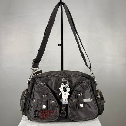 Vintage Y2K George Gina & Lucy The Schnitzel charcoal nylon cargo shoulder bag with oversized carabiner hardware
