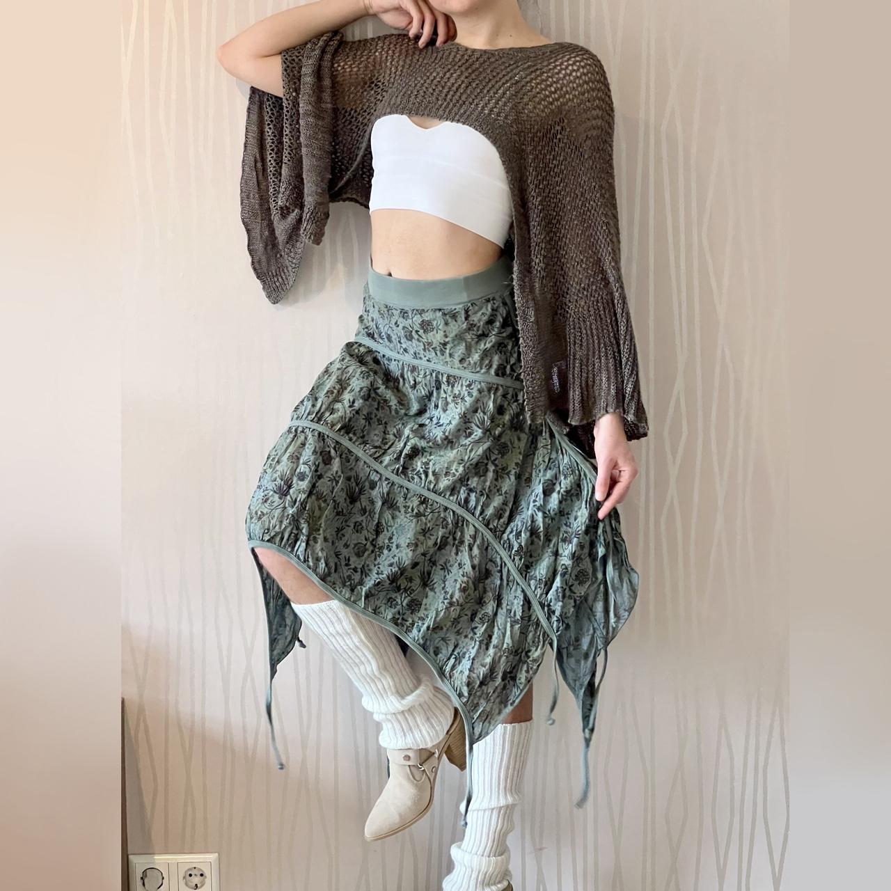Y2K vintage Cop Copine sage green floral parachute skirt with asymmetrical handkerchief hem, ruched panels, elastic waistband, and adjustable ties