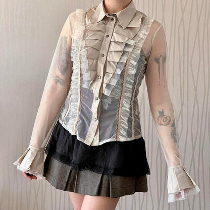 Late 90s / Early Y2K Save the Queen Sheer Mesh Blouse – Ruffle Collar Detail