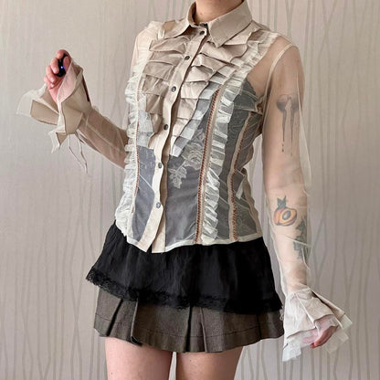 Late 90s / Early Y2K Save the Queen Sheer Mesh Blouse – Ruffle Collar Detail