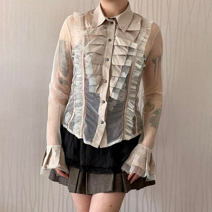 Late 90s / Early Y2K Save the Queen Sheer Mesh Blouse – Ruffle Collar Detail