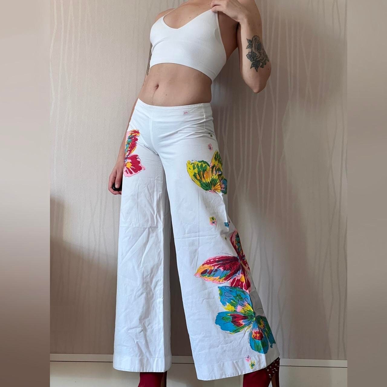 Miss Sixty Wide Leg Pants Y2K Butterfly Fairy Low Waisted Flare Pants Palazzo Pants Trousers