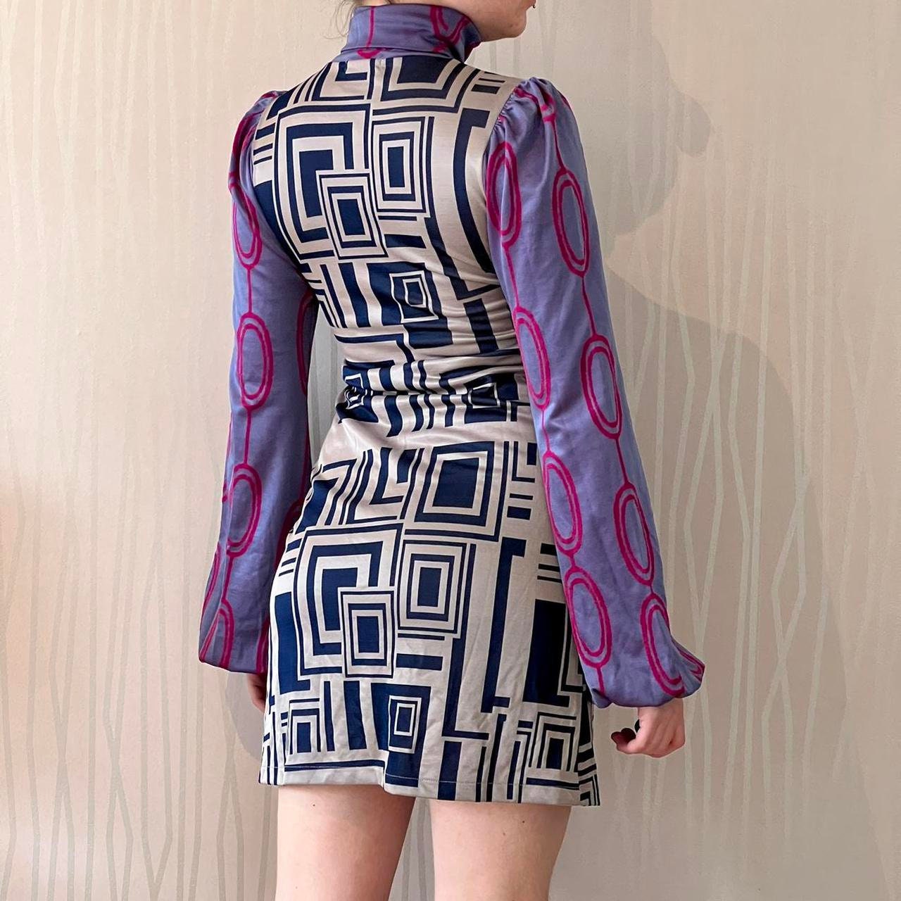 Custo Barcelona Psychedelic Mini Dress Retro Mock Neck Balloon Sleeve 70's Disco Dress