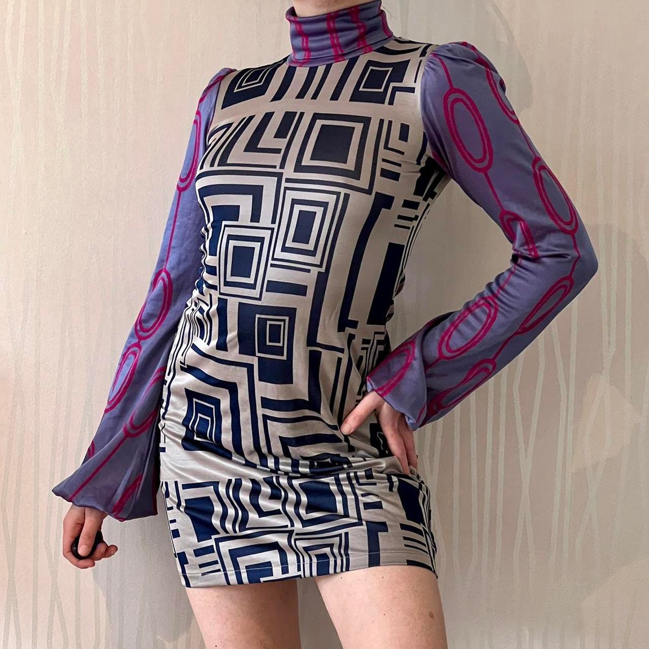 Custo Barcelona Psychedelic Mini Dress Retro Mock Neck Balloon Sleeve 70's Disco Dress