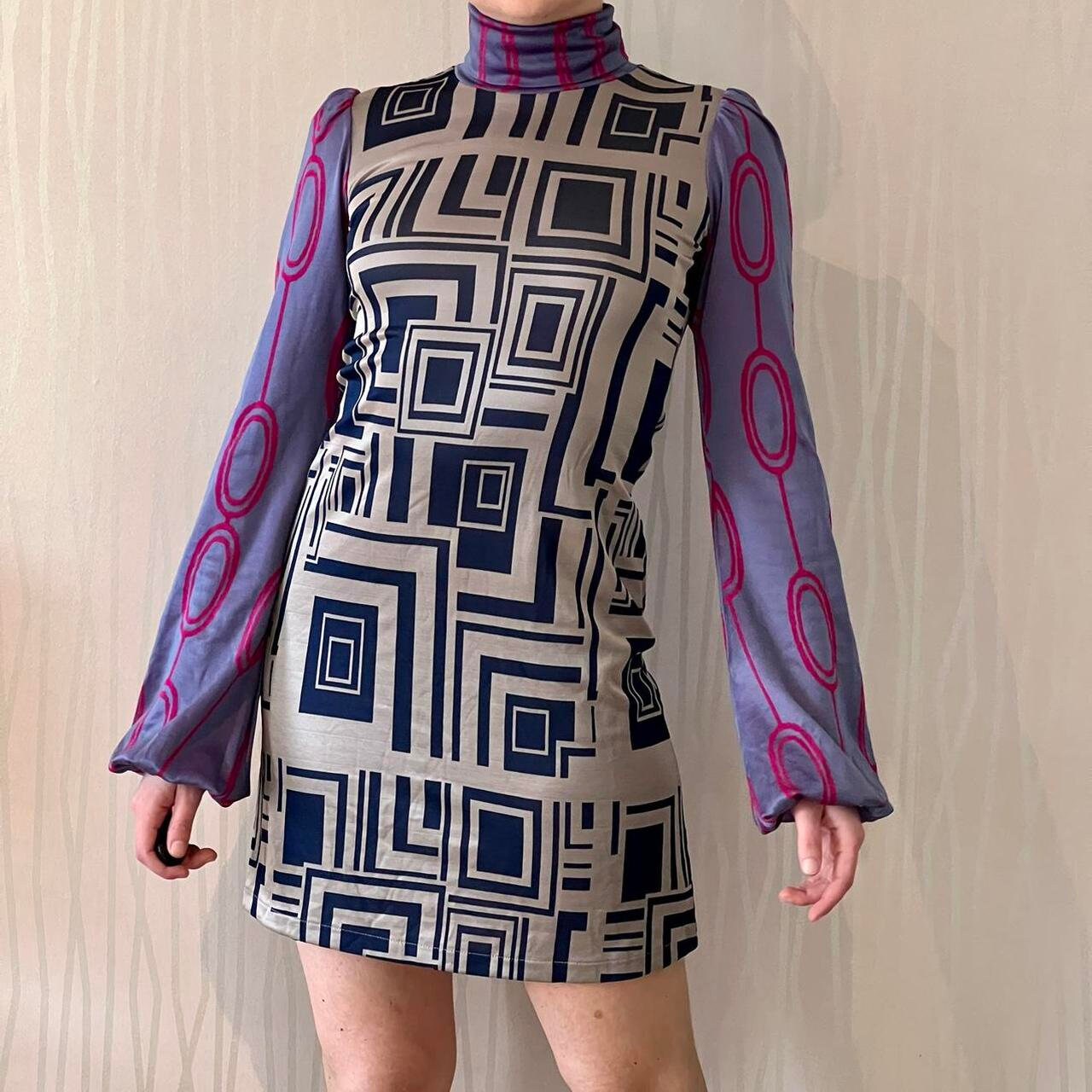 Custo Barcelona Psychedelic Mini Dress Retro Mock Neck Balloon Sleeve 70's Disco Dress