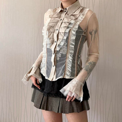 Late 90s / Early Y2K Save the Queen Sheer Mesh Blouse – Ruffle Collar Detail