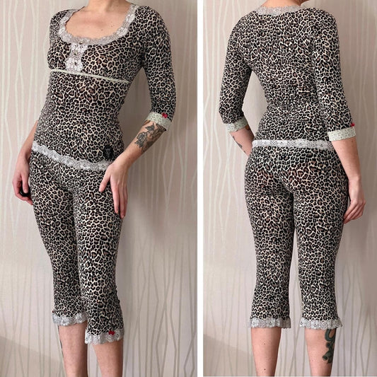 Vive Maria Pajama Set Coquette Two Piece PJ Set Pajama Set Leopard Print & Lace Top and Pants