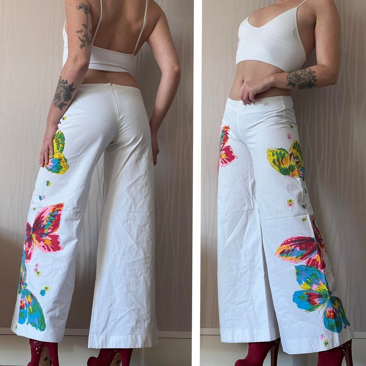 Miss Sixty Wide Leg Pants Y2K Butterfly Fairy Low Waisted Flare Pants Palazzo Pants Trousers