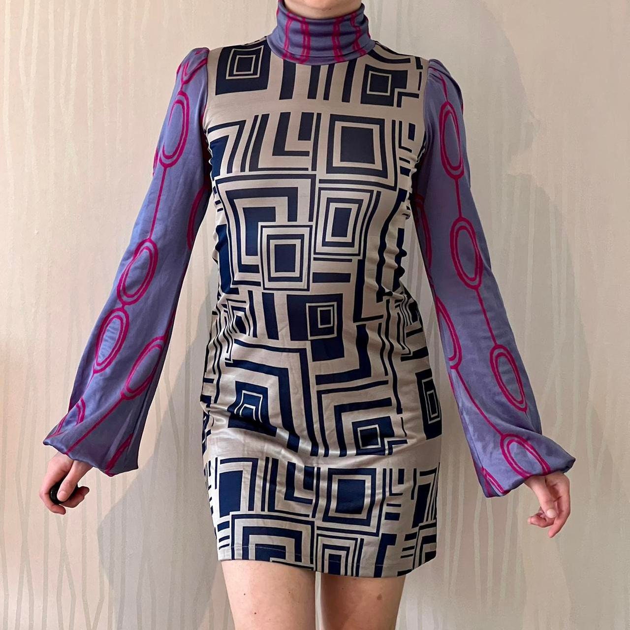 Custo Barcelona Psychedelic Mini Dress Retro Mock Neck Balloon Sleeve 70's Disco Dress