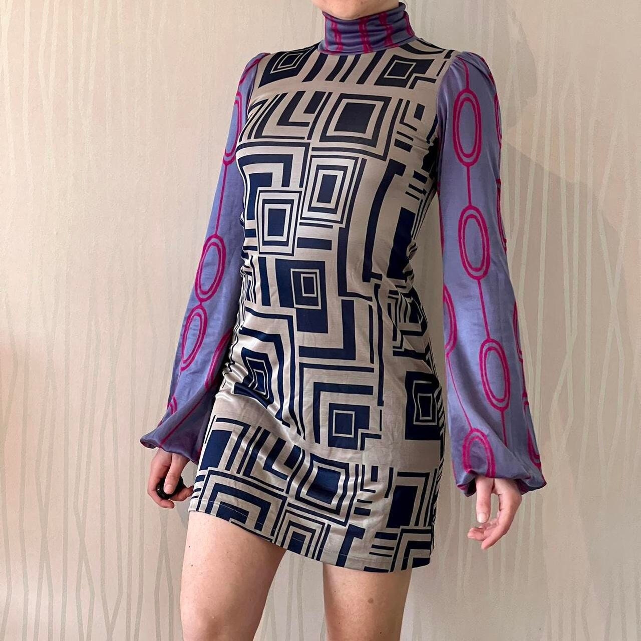 Custo Barcelona Psychedelic Mini Dress Retro Mock Neck Balloon Sleeve 70's Disco Dress