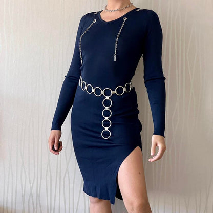 Y2K Papillonne Knit Bodycon Dress – Chain Detail & High Slit
