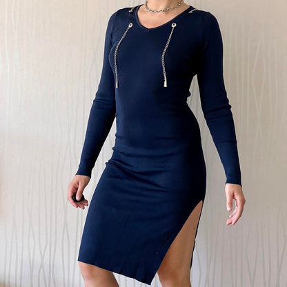 Y2K Papillonne Knit Bodycon Dress – Chain Detail & High Slit