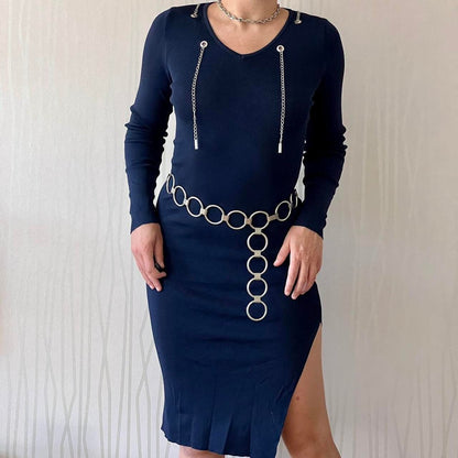 Y2K Papillonne Knit Bodycon Dress – Chain Detail & High Slit