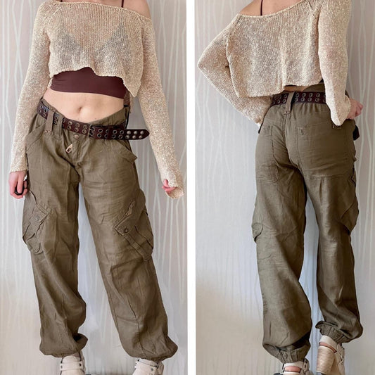 Miss Sixty Cargo Pants Y2K Cyber Techwear Utility Gorpcore Linen Baggy Boyfriend Pants