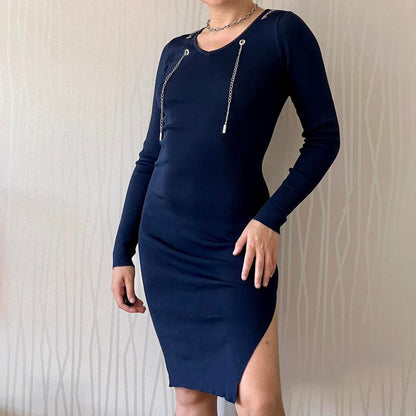 Y2K Papillonne Knit Bodycon Dress – Chain Detail & High Slit