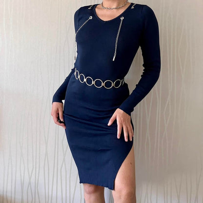 Y2K Papillonne Knit Bodycon Dress – Chain Detail & High Slit