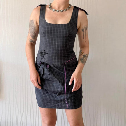 Y2K Cop Copine Lace-Up Pinafore Mini Dress – Grid Print