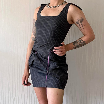 Y2K Cop Copine Lace-Up Pinafore Mini Dress – Grid Print