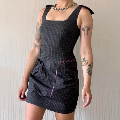 Y2K Cop Copine Lace-Up Pinafore Mini Dress – Grid Print