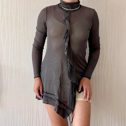 Y2K Cop Copine Sheer Asymmetrical Mesh Tunic – Ruffle Detail