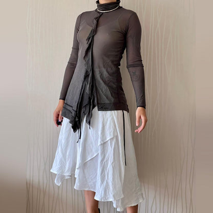 Y2K Cop Copine Sheer Asymmetrical Mesh Tunic – Ruffle Detail