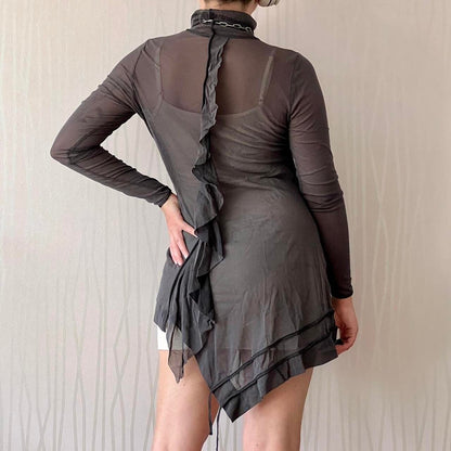 Y2K Cop Copine Sheer Asymmetrical Mesh Tunic – Ruffle Detail
