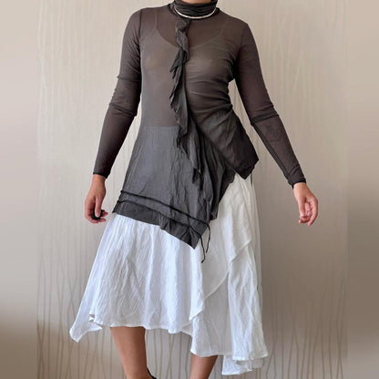 Y2K Cop Copine Sheer Asymmetrical Mesh Tunic – Ruffle Detail