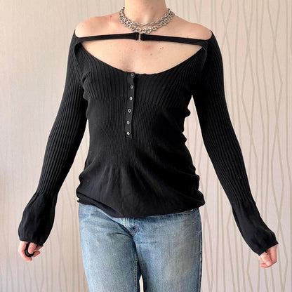 Late 90s / Y2K Guess by Marciano Silk Blend Ribbed Knit Top – Convertible Neckline