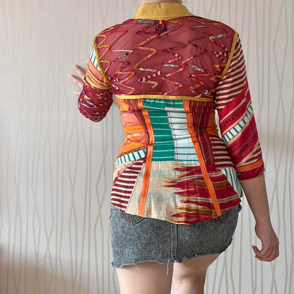 Y2K Save the Queen Snap-Front Blouse – Abstract Bi-Material Mesh