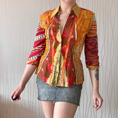 Y2K Save the Queen Snap-Front Blouse – Abstract Bi-Material Mesh
