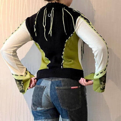 Y2K Save the Queen Zip-Up Bi-Material Knit Cardigan – Patchwork Sleeve Detail