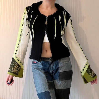 Y2K Save the Queen Zip-Up Bi-Material Knit Cardigan – Patchwork Sleeve Detail