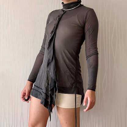 Y2K Cop Copine Sheer Asymmetrical Mesh Tunic – Ruffle Detail