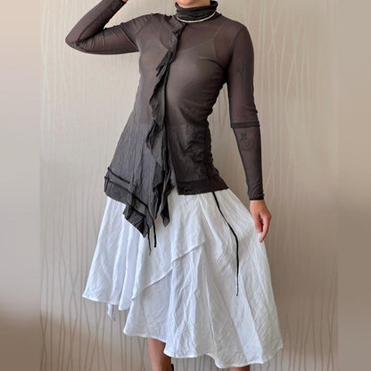 Y2K Cop Copine Sheer Asymmetrical Mesh Tunic – Ruffle Detail