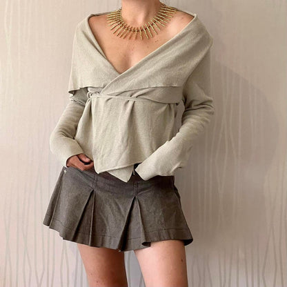 Y2K Sarah Pacini Tie-Front Knit Cardigan – Asymmetrical Fold Collar