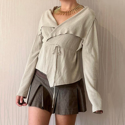 Y2K Sarah Pacini Tie-Front Knit Cardigan – Asymmetrical Fold Collar