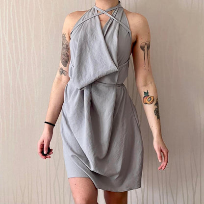 Y2K Sarah Pacini Draped Halter Mini Dress – Tie-Up Back