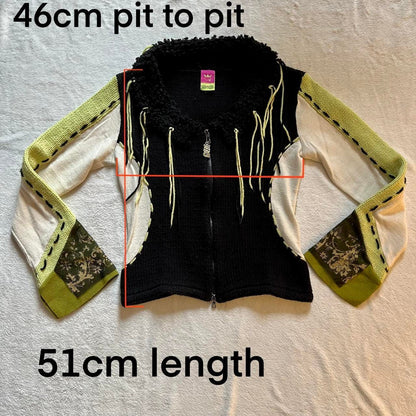 Y2K Save the Queen Zip-Up Bi-Material Knit Cardigan – Patchwork Sleeve Detail